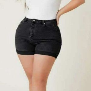 High Waisted Roll Hem Denim Shorts